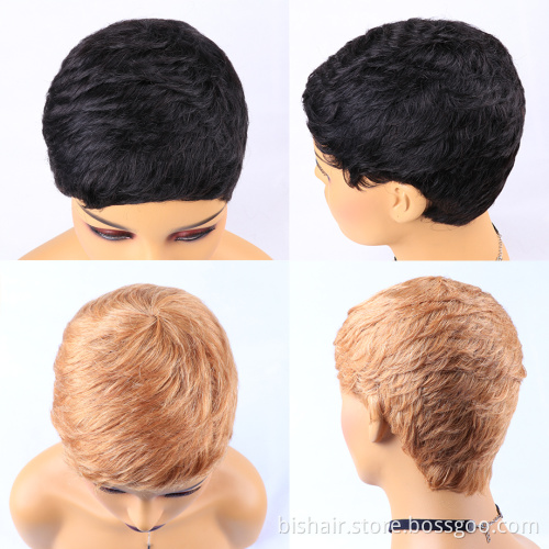 Wholesale Short Pixie Cut Straight Remy Brazilian Human Hair for Black Women Machine Made Highlight Color Cheap Glueless Wig